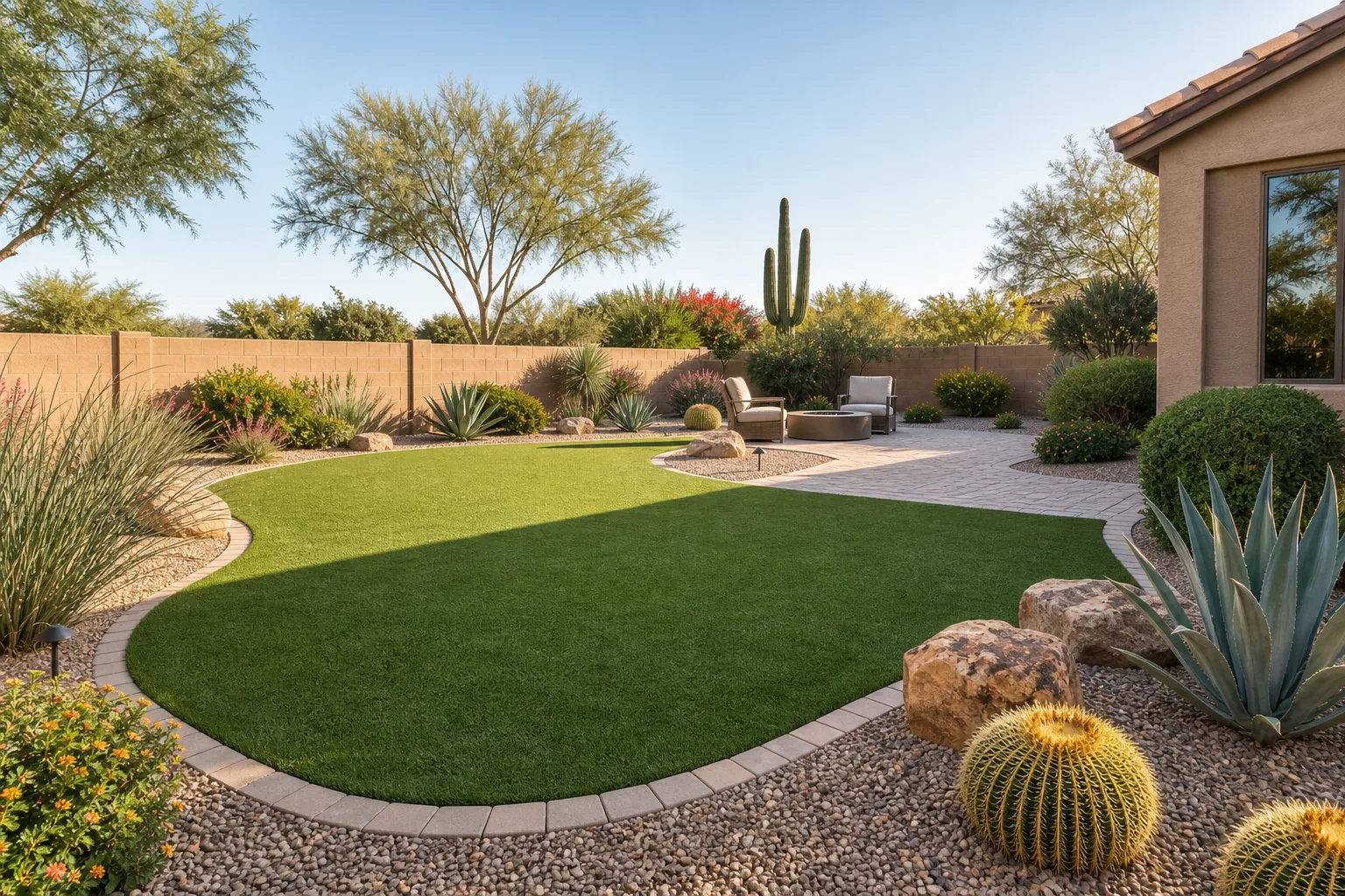New artificial turf with curved paver edging in a Mesa desert backyard
