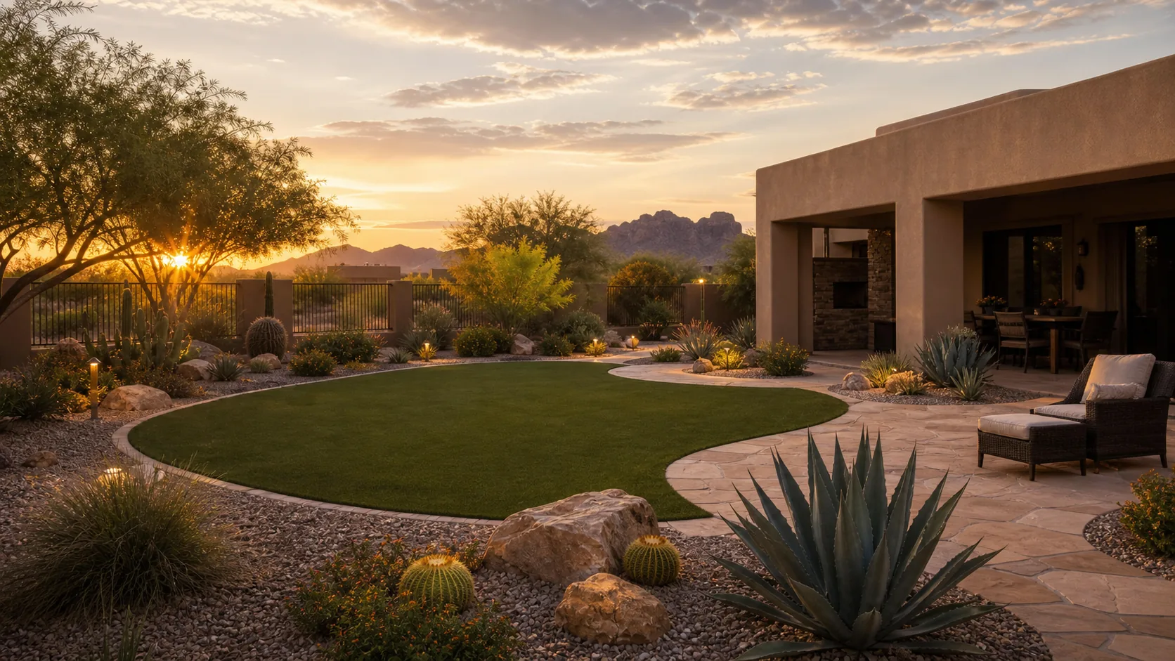 Finished Mesa landscape with turf, pavers, desert plants, and mountain views