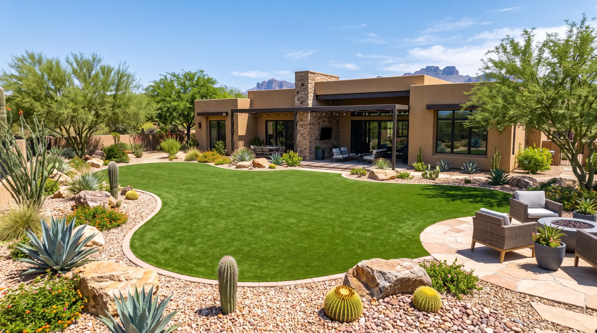 Landscaped warm-climate backyard with lawn, paths, and mature trees