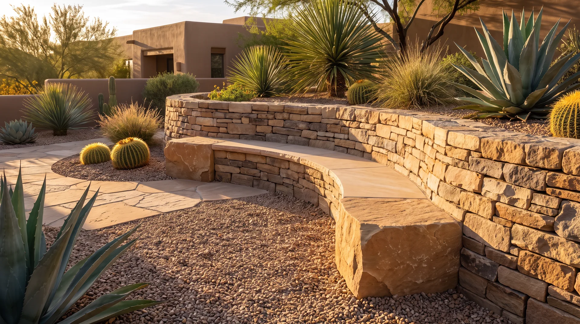 Warm stone retaining wall with desert planting