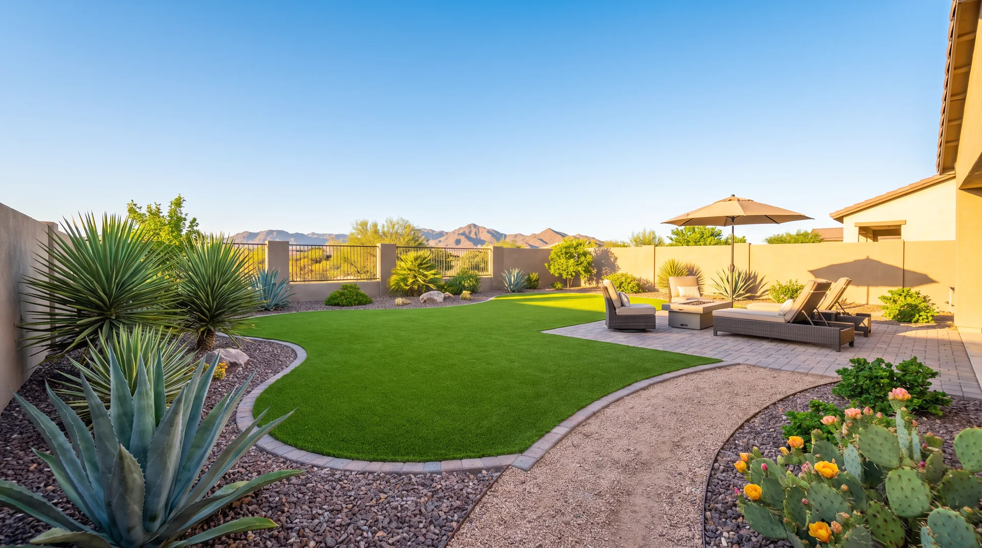 Finished desert backyard with green turf and mountain views